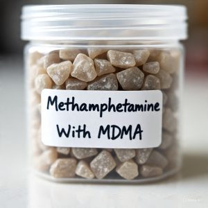 Sealed plastic container labeled “Methamphetamine with MDMA,” in a crystalline form. Methamphetamine with MDMA For Sale